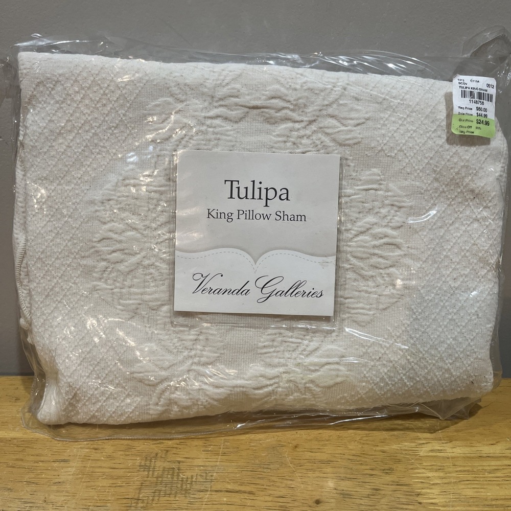 Veranda Galleries Tulipa King Pillow Sham Cream Embossed Embroidered Scalloped